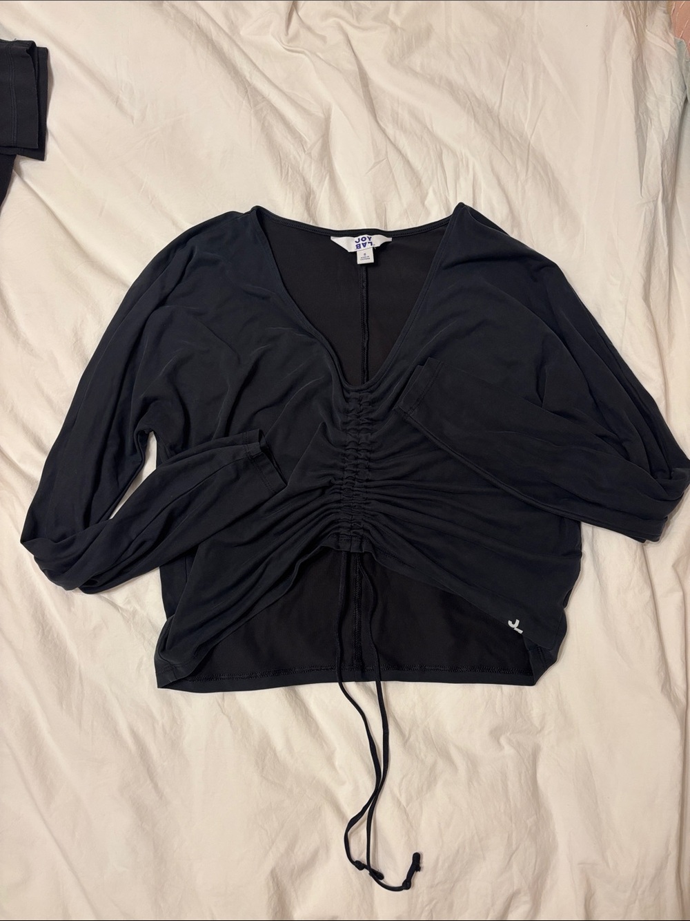 JoyLab Black Ruched Drawstring V-Neck Long Sleeve Top